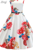 Print Vintage Dress Women Summer Pin Up Retro 50s Rockabilly Sleeveless A-Line Midi Party Dresses