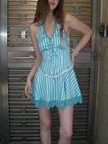Color Green Stripe Lace Tie Neck Dress Summer New Sexy Style Waist Waist Slim