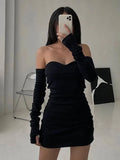 Gothic Sexy Tube Top Women Dresses Off Shoulder Gloves Streetwear Party Dress Outfits Elegant Women Clothing Mini