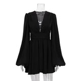 Zingj 2023 Women's French Bubble Sleeve High-Waisted Dress V Neck Sexy Waist-Outfit