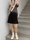 Summer Gray Shorts Women Button Korean Style Oversize Black Wide Leg Casual High Waist Pants Harajuku Streetwear