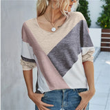 V-Neck Long Sleeve Loose Patchwork Print T-Shirt Spring Autumn Casual Fashion Top 2022 Women Comfortable Pullovers