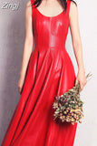 Spring Fit and Flare Soft Faux Leather Dress Elegant Luxury Red Maxi Dresses for Women 2023 long Retro Fashion