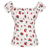 Sexy Women Tops Slim Off The Shoulder Rockabilly 50s Style Vintage Polka Dot Cherry Floral Printing Short Sleeve