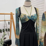 2023 Spring Dress French Court Style Lace With Lace Stitched Print Horn Long-Sleeved T-Shirt