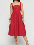 Elegant Women Square Neck Front Buttons Up Sling Dress for Women High Waist A-line Dress Summer Party Female