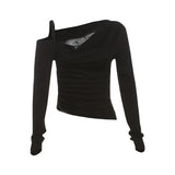 2024 Autumn New Women's Clothing Shoulder-Slanted Collar Hollow Perspective Folding Body To Close The Waist On The