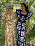Women Retro Print Flying Sleeve Ruffles Long Dress Elegant Square Neck Back Hollow Out Bow Vestido Summer Lady Chic Holiday