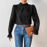 Spring And Autumn New Solid Color Half Height Folding Spliced Wavy Lotus Leaf Side Long Sleeve Yarn