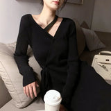 Women Knitted Belt Wrap Dress Elegant Midi Sexy V-Neck Dress Knitwear Ladies