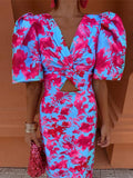Women's Floral Print Cut Out Midi Dress Elegant Puff Short Sleeve V Neck Split Slim Vestido New Female Summer Party