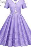 Women Summer Dress Print Plaid Robe Retro Swing Casual Elegant Vintage 50s Rockabilly Dress Party Dresses with Belt
