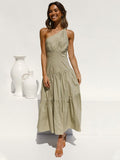 Spring/Summer Ladies' Dress with Missing Shoulder and Inclined Collar Sexy Big Swing High Waist Solid Color Irregular
