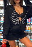 Rhinestone Skull Zipper Hoodie- Outfit