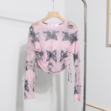 Real Shooting 2024 Summer New Long-Sleeved Short-Sleeved T-Shirt Sun Protection Shirt Thin Perspective Tie-Dye Mesh Hooder