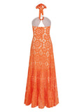 Solid Hollow Lace Women Dress Halter Strapless Sleeveless Naked Waist Sexy Long Dress Chic Evening Party Female