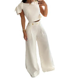 Zingj 2023 New Fashion Pure Color Single Room Petal Sleeve High Waist Temperament Pants Suit Female-Outfit