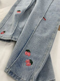 High Waist Women Strawberry Embroidery Jeans Casual Fashion Streetwear Wide Leg Denim Trouser Straight Baggy Denim