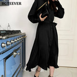 Spring Summer Satin Shirt Dress for Women 2021 Elegant Full Sleeve Single-breasted Lace-up Female Midi Dress