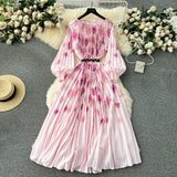 Zingj New Women's Dress Dress Oversized Printed Pleated Pleated Waist Belt Holiday