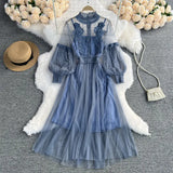 Zingj Korean Version Of The Lantern Sleeve Waist Show Thin Net Gauze Nail Bead Dress Three-Dimensional Flower Fairy