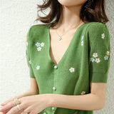 summer ice silk cotton short sleeve new small full body embroidery Knitted Top T-shirt