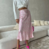 Pink Printed Satin Midi Straight Skirt- Outfit