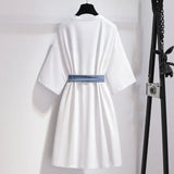 Patchwork T Shirt Dress Women Korean Ulzzang Causal Party Dress Sashes Streetwear Plus Size Fake Two Piece Dress