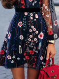 Summer Women Long Sleeve Dress Square Neck Floral Embroidery Lantern Sleeve Casual