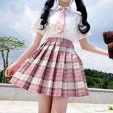 Pink JK Women Pleated Skirt Summer High Waist Fashion Tie Plaid Mini Skirt A Line Cute Sweet Japan Girls Dancing