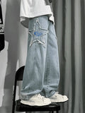Men's Distressed Star Embroidered Loose Jeans- Outfit