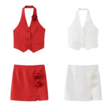 2025 New Women's Flower Decoration Hanging Neck Solid Color Vest Wrap Hip Flower Skirt