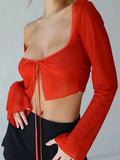 Aesthetic Crop Top Summer Women Mesh Long Sleeve T Shirt Lace Up Bandage Clothes y2k Clothes Casual Grunge