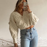 Fahion Sex Twist Woman Sweaters V Neck Lace Up Cable Knitted Sweater Vintage Winter Female Pullover Cute Tops New