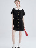 Summer Black Mini Shirt Dress Women Korean Fashion Elegant Vintage Sweet Peter Pan Collar Short Sleeve Party Vestidos