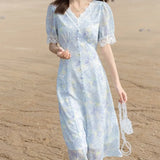 2021 Summer V Neck Short Sleeve Slim Pullover Dress Vintage Print High Waist A Line Vestidos