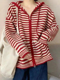 Hooded Striped Long Sleeve Knit Cardigan- Outfit