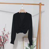 2022 Sexy Niche Cross-Kinny Wrinkles V-Neck Pad Shoulder Long Sleeve Shirt Short High-Waist Bubble Sleeve