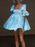 Square Neck Pleated A-Line Dress Spring Summer Short Sleeve Loose Floral Print Dress Women Elegant Puff Sleeve Party