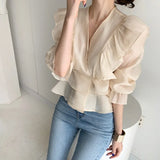 Hong Kong Flavor Lotus Leaf Side V-Neck Shirt 2025 Design Feeling Waist Thin Chiffin Shirt