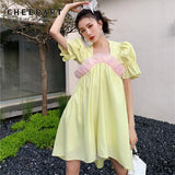 Yellow Puff Sleeve Patchwork Organza Babydoll Dress Korean Fashion Short Sleeve Kawaii Cute Designer Summer Dress