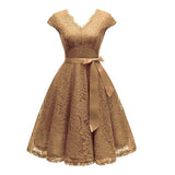 V-Neck Lace Knee-Length Women Dresses With Short Sleeves Sundress Female Vestidos New Arrival Chic Formal Party