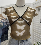 Sexy Hottie V-Neck Butterfly Print Short-Sleeved T-Shirt Slime Short-Navel Net T-Shirt Girl