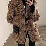 Zingj Chic Autumn Winter Retro Temperament Suit Collar Color Thousand Bird Case Loose Versatile Long Sleeve Wool Short Coat