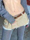 Khaki Low Waist Casual Micro Skirt Y2K Aesthetic Preppy Style Pleated Skirts Womens Vintage Patchwork Korean Skirt