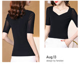 Half Sleeve T Shirt Women Spring Summer Black Tee Shirts V Neck Tops Femme Stretchy