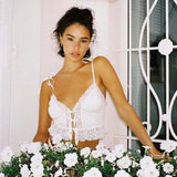 Frill Lace Sexy Crop Tops Tees Women Front Tie Sleeveless Cami Top Summer White V Neck Spaghetti Strap Top Party