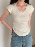 And Feel Waist Solid Color V-Collar Short-Sleeved T-Shirt Women's New Summer Side Wrinkle Slim To Show The Trend Of Thin Short-Style