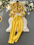 Fashion Printed Suits Women Bow Collar Lantern Sleeve Floral Blouse+Belt Solid Long Pants Streetwear Senior
