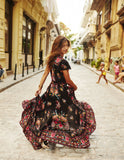 Queens Women Sexy V Neck High Split Long Dress Robe 2020 Print Flare Sleeve Bohemian Ladies Boho Maxi